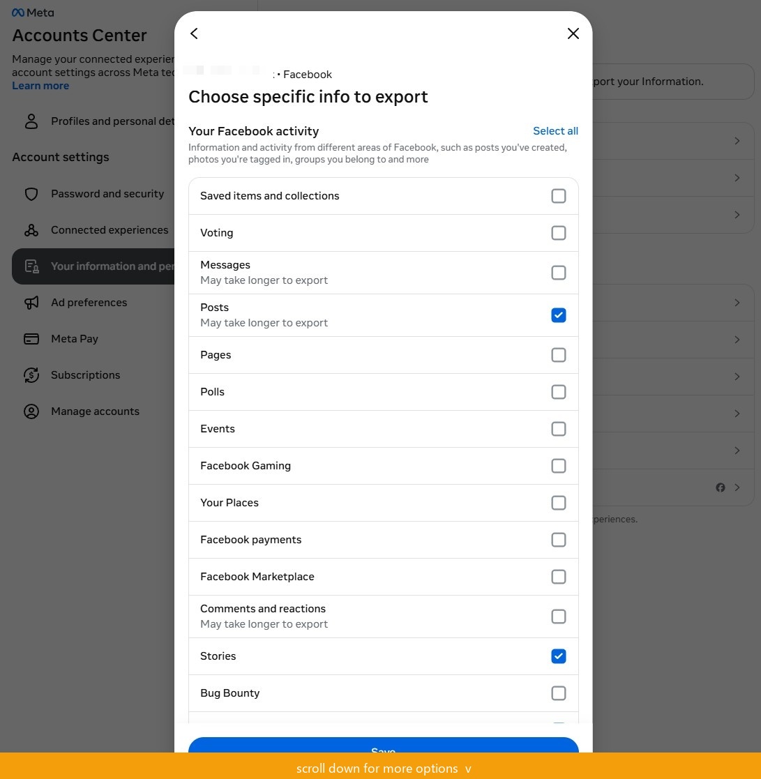 Choose info to export