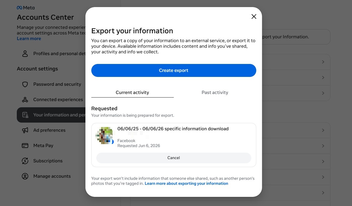 Export requested confirmation