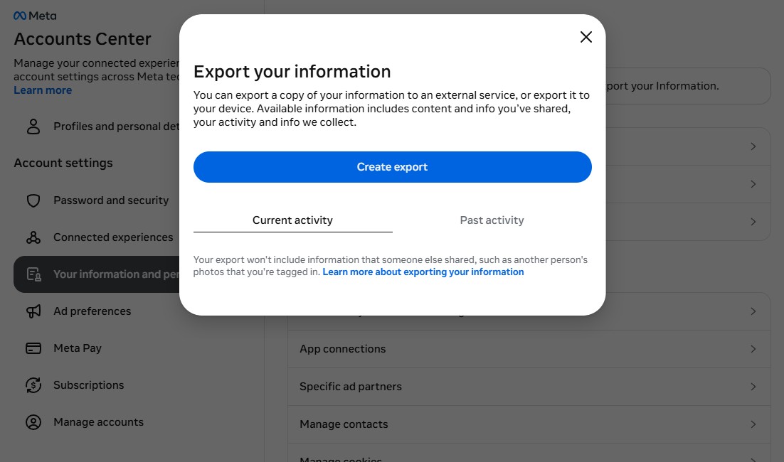 Export your information popup