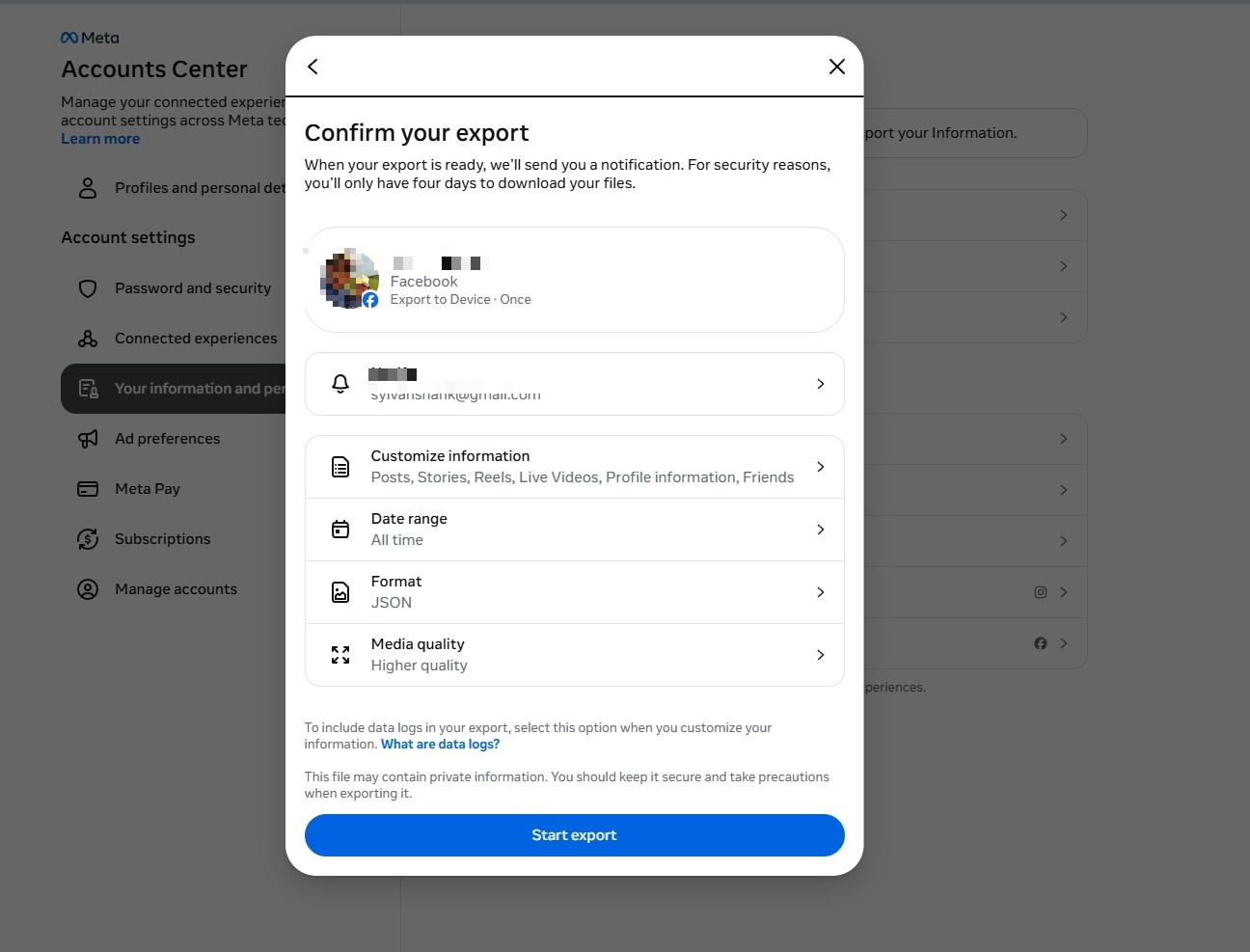 Click Start export